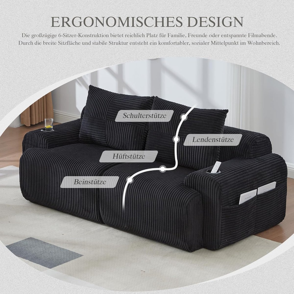2-Zits Bank Corduroy – Arqam Luxe Modulaire Ribfluweel Sofa met Bekerhouder & Opbergtas, Montagevrije Woonkamer Bank 200 cm – Zwart Design Loveseat
