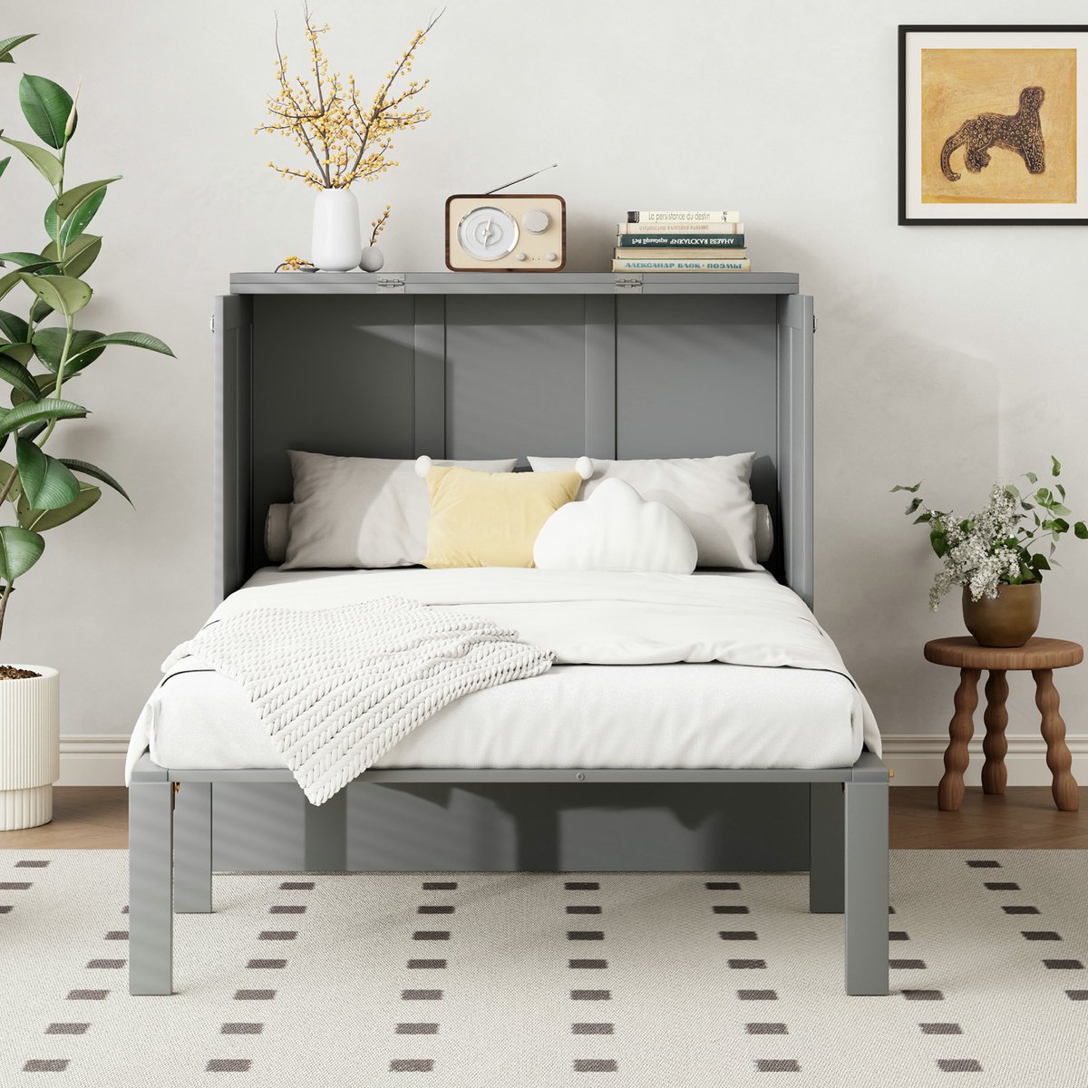 VVBV Opklapbed 90 x 200 / Vouwbed – met Lattenbodem, Opbergruimte – Tienerbed – Verticaal Wandbed – Grijs – Tienerbed 90x200 – met Opbergruimte