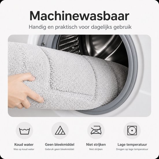 Grijze badmat wordt in een wasmachine geplaatst.