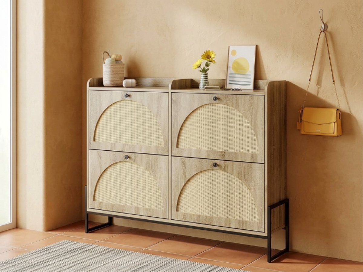 Moderne Smalle Schoenenkast 90x120 cm met 4 Kantelkleppen – Instelbaar Schoenenrek – Ventilatie & Open Frame Design – Houtkleur – Hal & Gang Opbergkast Ganeey