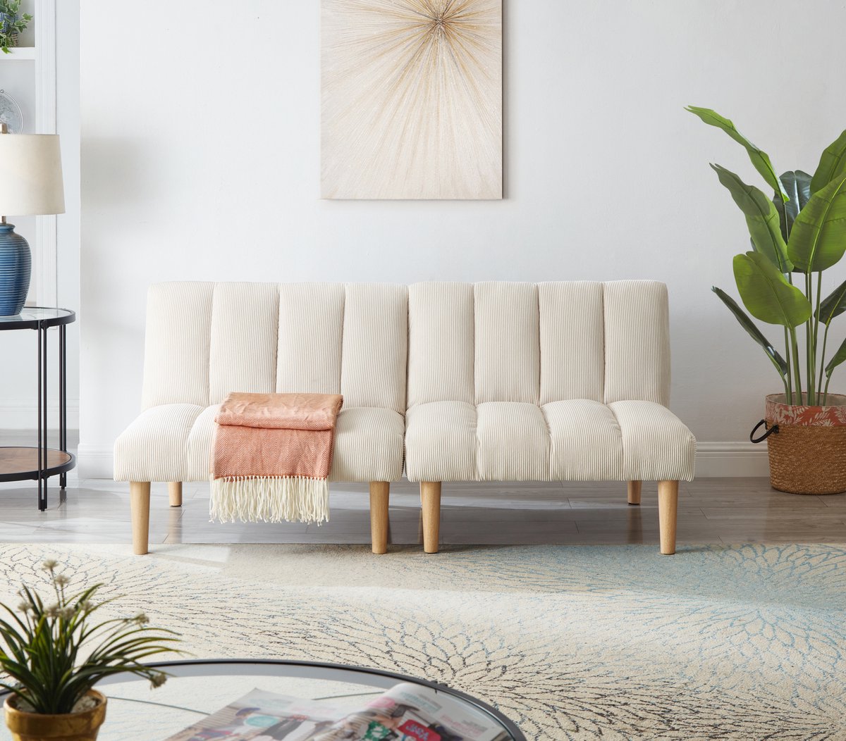 MODFU Slaapbank - 3-Standen Rugleuning - Modern - Corduroy - Beige - 167 Cm