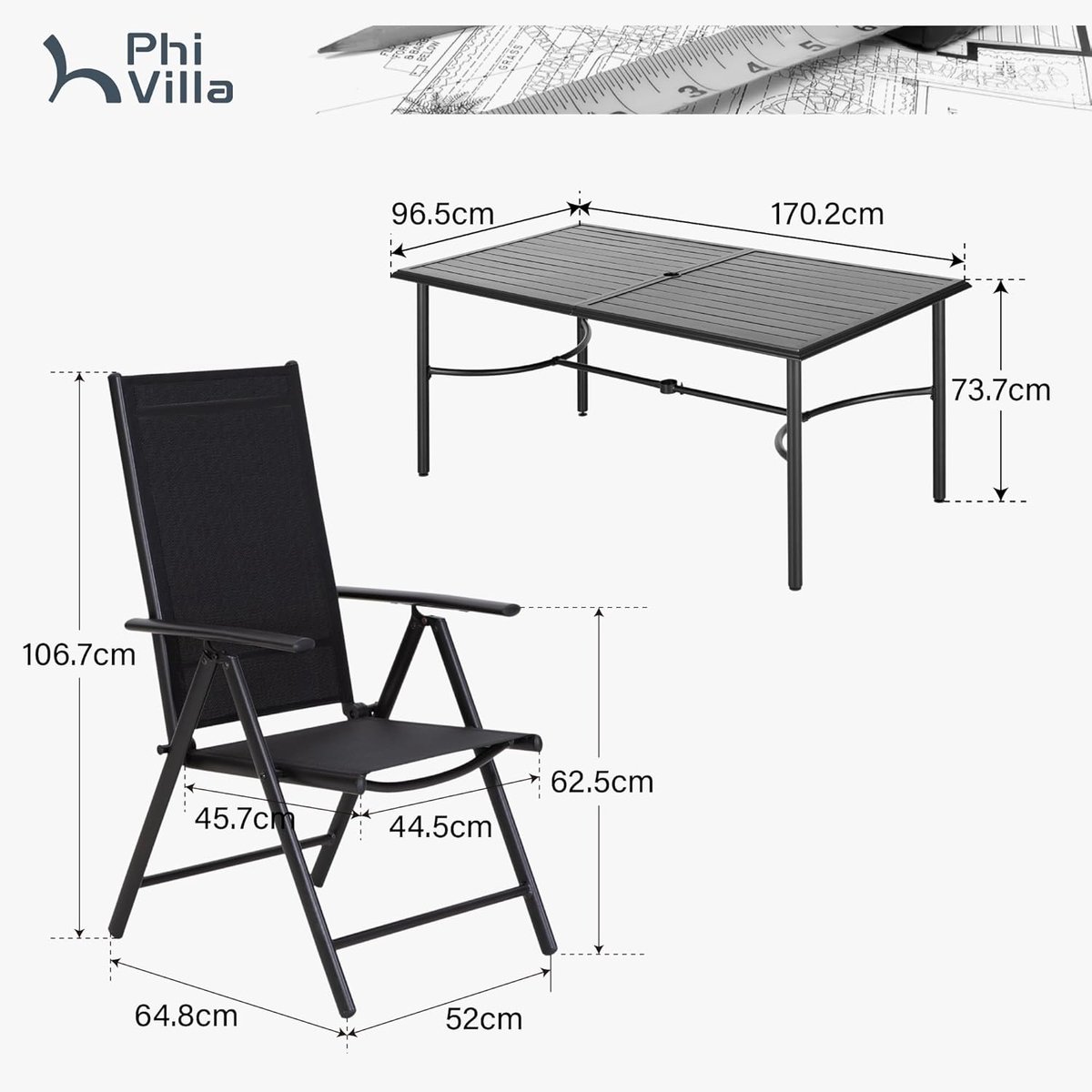 Tuinmeubelset 7-delig 170x96,5x74 cm – 6 Personen – Verstelbare Tuinstoelen met 7 Posities – Aluminium & Metaal – Zwart – Weerbestendig – Luxe Dining Set voor Tuin & Terras – HomebyNicole