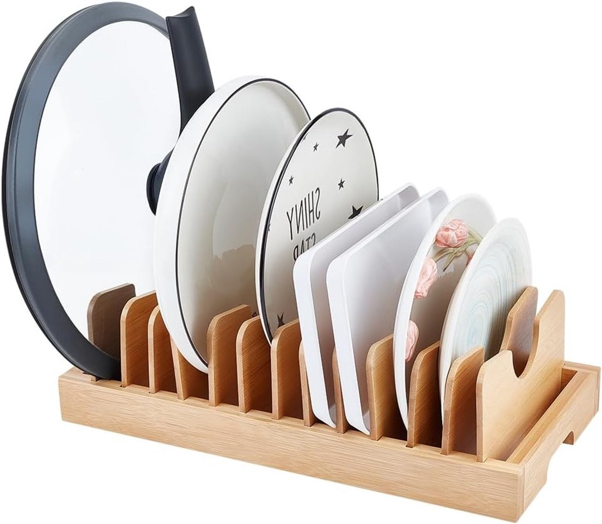 Bamboe Organizer voor Pannen en Keukenaccessoires met 13 Verstelbare Scheiders voor Efficiënte Opberging in Keukenkastjes