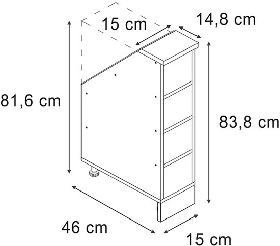 Technische tekening van een kast van 15 x 81,6 x 46 cm met afmetingen 14,8 cm en 15 cm.