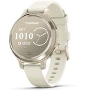 Gouden smartwatch met wit bandje. Scherm toont "Sat 1 1010" stappen en "12570" stappen.