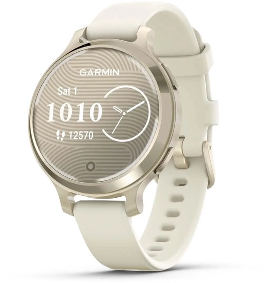 Gouden smartwatch met wit bandje. Scherm toont "Sat 1 1010" stappen en "12570" stappen.