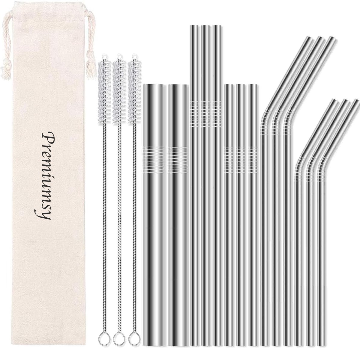 Premiumsy 14x Herbruikbare Metalen Rietjes - Verschillende Maten - Duurzame Rietjes Herbruikbaar - RVS Rietjes - Ijzeren Rietjes - Geschikt voor Smoothies en Cocktails - Zilver