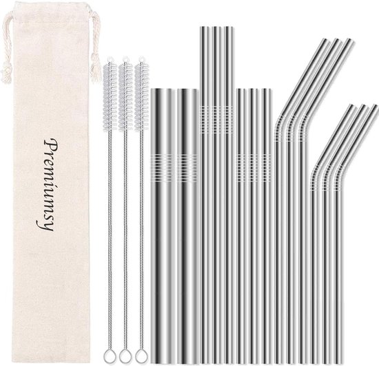 Pailles réutilisables durables en métal EcoFriendly - Différentes tailles - Pailles en acier inoxydable réutilisables - Ensemble de 15 pièces - Geen plastique - Argent