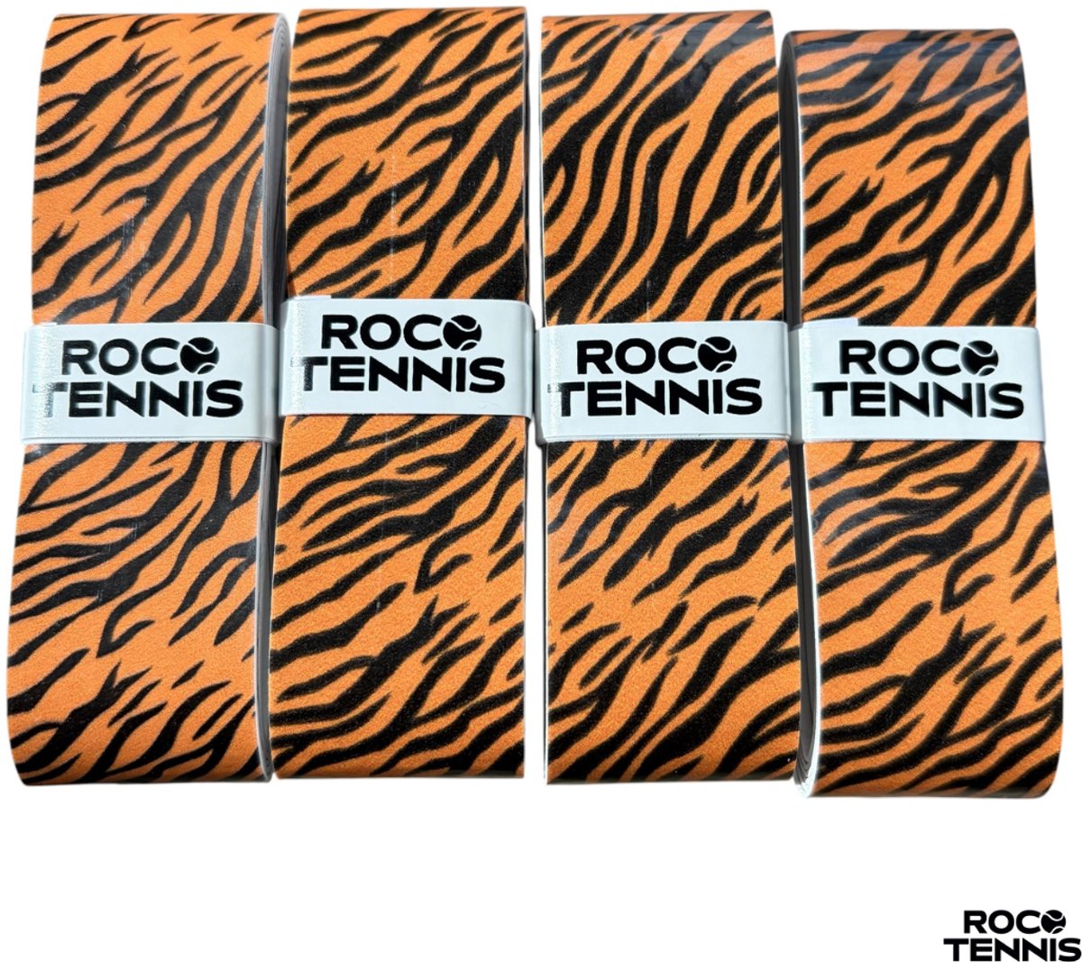 4 stuks | Roco Tennis Overgrips | Antislip | Dry | Zweetabsorberend | Uniek Patroon | Tennis | Padel | Badminton | Squash | Overgrip | Tennisgrips | Soft | Zacht | Tijgerprint