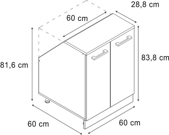 Schematische tekening van een kast met afmetingen in cm. Drie deuren met handgrepen.