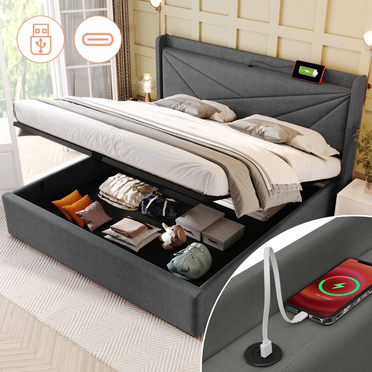 VVBV Bed met opbergruimte 160x200 / Tweepersoonsbed 160x200 – met USB, USB-C, Lattenbodem – Hoofdbord – Tienerbed – Linnen – Grijs – Zonder Matras