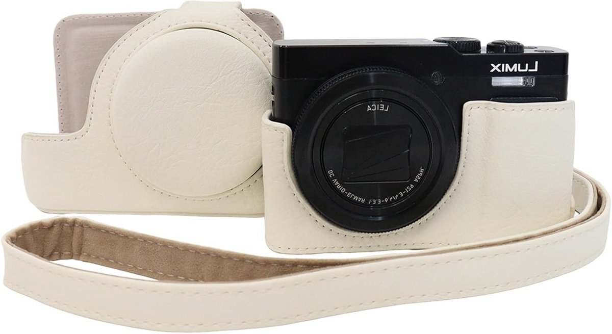 Elegante PU Leren Hoes voor Panasonic Lumix DC-TZ99 - Schokbestendige Bescherming, Verstelbare Schouderriem en Afneembare Deksel, Wit, Ideaal voor Fotografie en Reizen