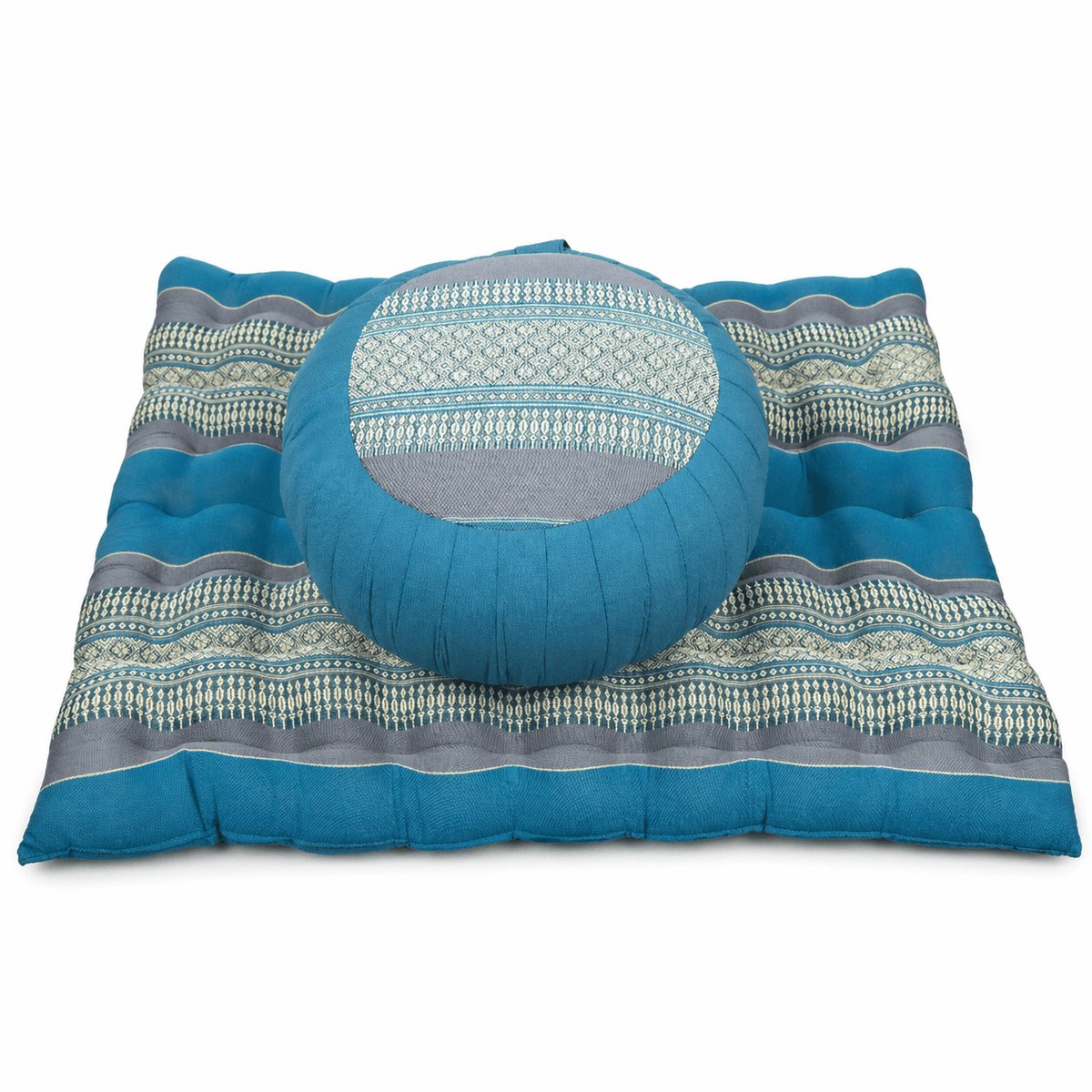 Meditatieset Zafu & Zabuton blauw grijs – hard & stevig kapok – rond meditatiekussen met meditatiemat – ergonomische zithouding – yoga & meditatie