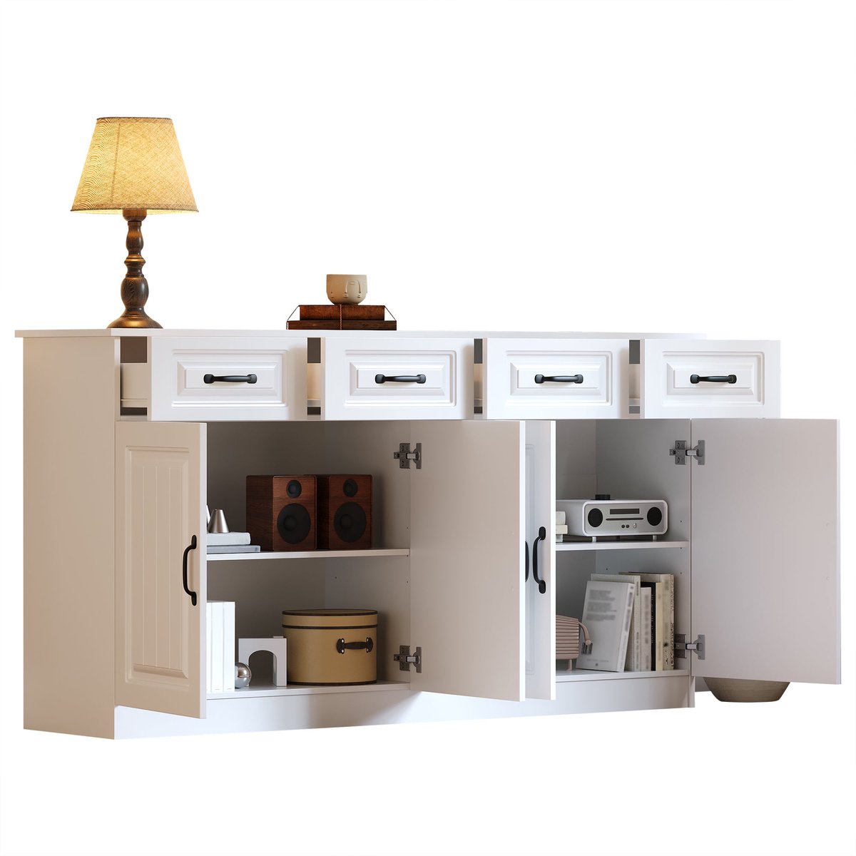 Merax Dressoir Kast 160 cm - Sideboard met 4 Deuren en 4 Lades - Opbergkast Wit MDF - Keukenkast - Woonkamerkast en Hal Kast