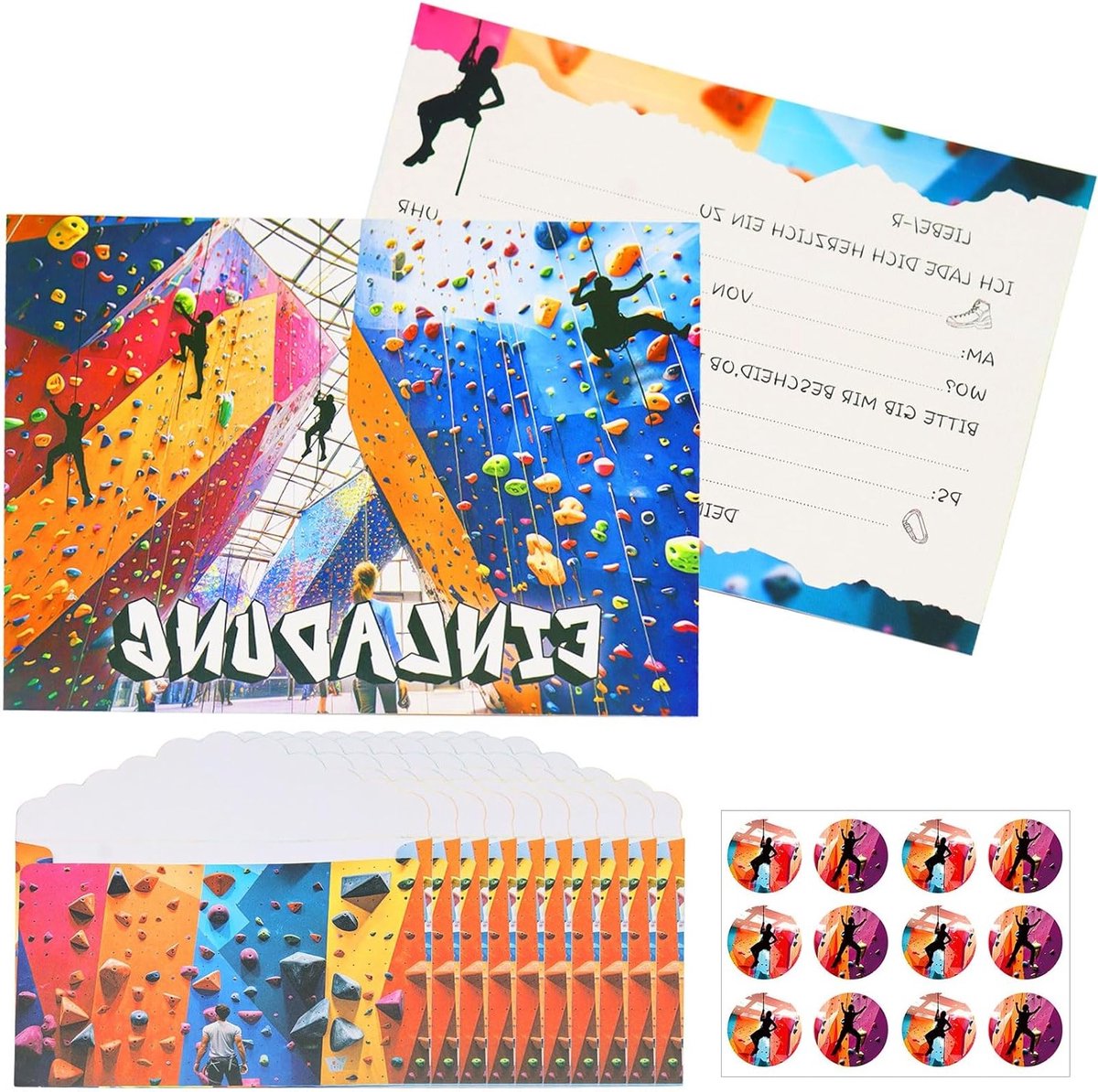 12 Uitnodigingskaarten met Enveloppen en Stickers voor Kinderfeestjes in Klimhallen en Klimparken