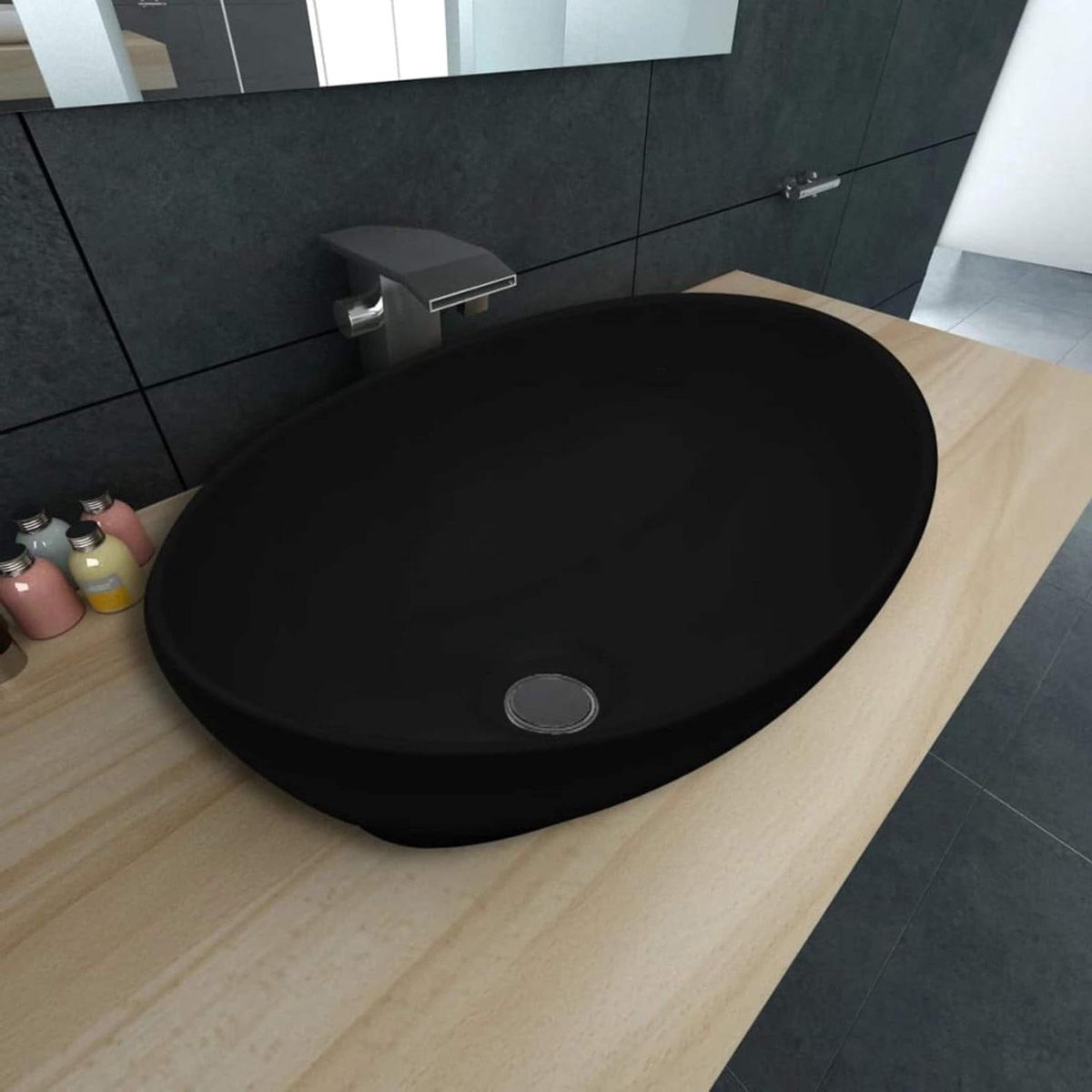 Ovale Wastafel - Bovenbouw waskom - Badkamer Inrichten - Glanzend Keramiek - 40x33 cm - Zwart