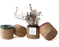 Jute plantenmanden - Plantenpot hoezen - Planten decoreren - Handgeweven natuurlijk materiaal - 4 inch potten - Rood groen natuurlijk