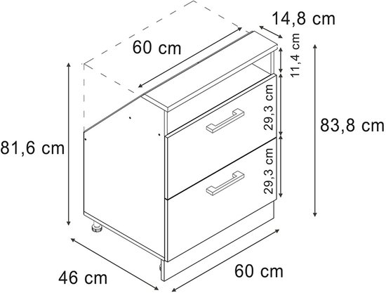 Technische tekening van een kast met twee laden en afmetingen, 83,8 cm hoog.