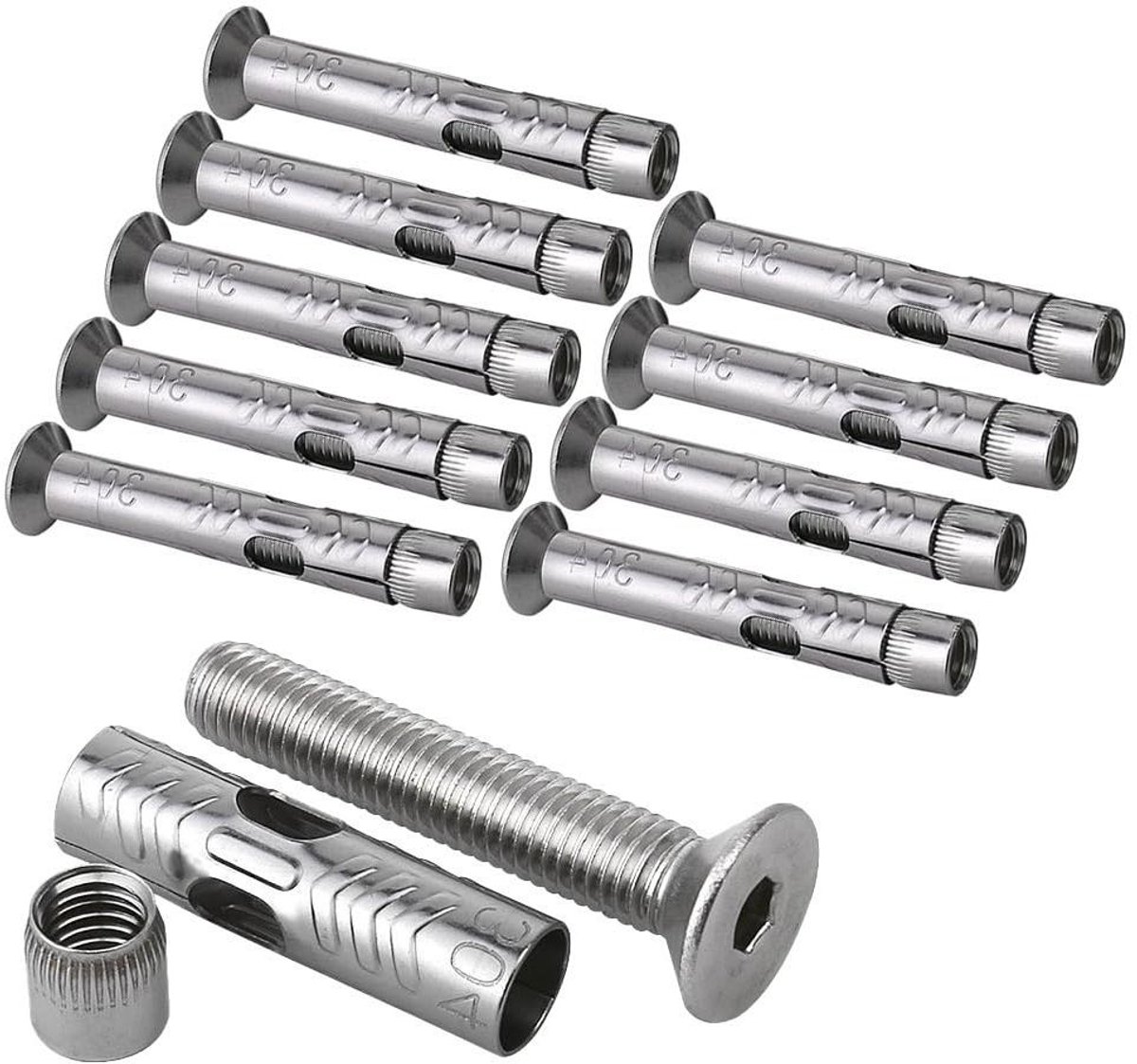 Ankerschroeven Set - Bevestigingsankers Schroeven - Stevig Bevestigen - Roestvrij Staal 304 - M6 M8 M10 - Zilver