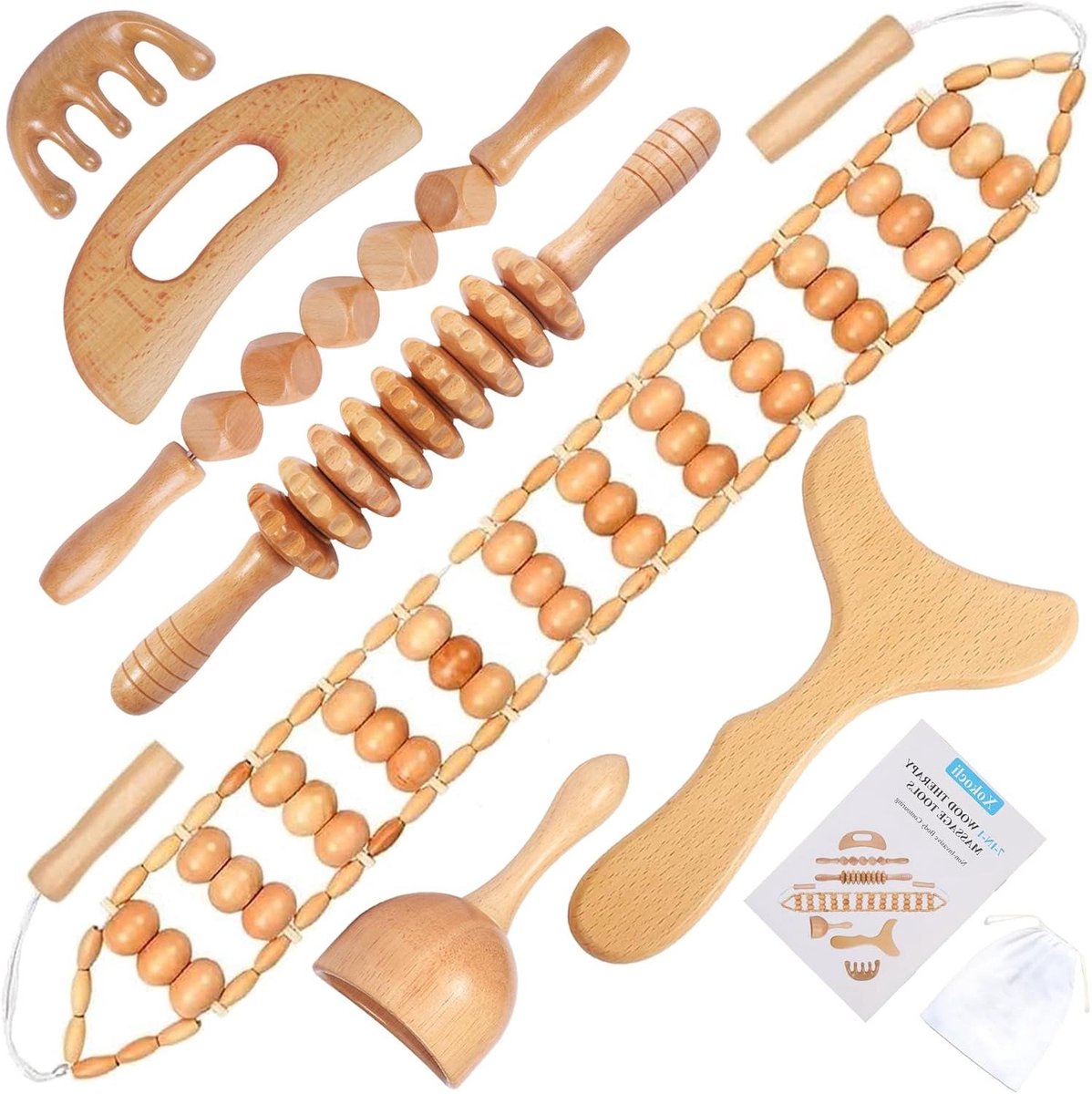 Houttherapie Massage Set - Lymfedrainage Tools - Lichaamsmodellering - 7-in-1 Kit - 27.94 x 15.24 cm - Natuurlijk Hout