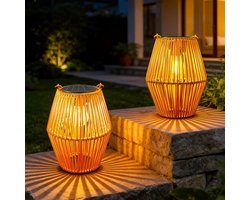 Solar Lantaarns Buiten - Zonnelampen Tuin - Set van 2 - Rotan Look - Boho Stijl - Warm Wit LED Licht - Waterdicht IP44 - Hangend & Staand - Decoratieve Tuinverlichting - Sfeerverlichting voor Terras & Balkon - Cadeau voor Vrouwen