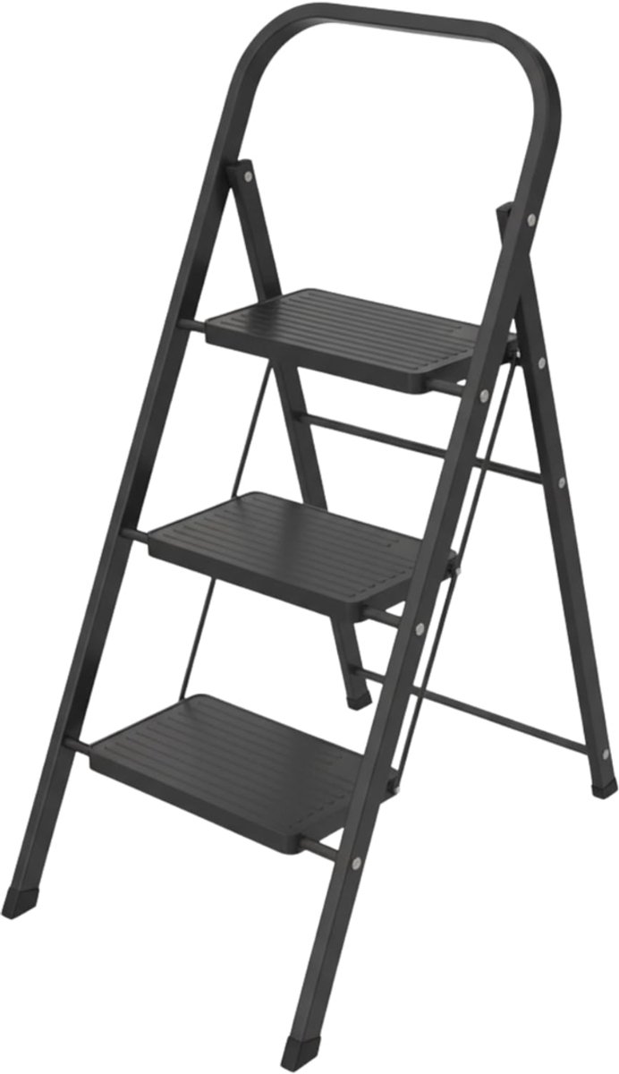 KAD® Keukentrap 3 Treden - Inklapbare Huishoudtrap - Veiligheidsbeugel - Zwart - 46cm x 13cm x 105cm