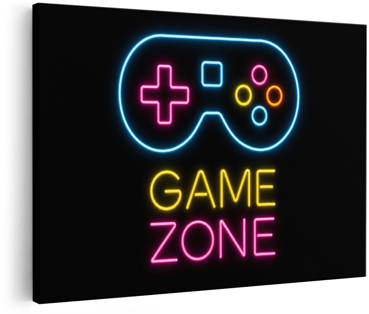 Artaza Canvas Schilderij Neon Game Zone Controller - Vintage Gaming - 120x80 cm - Groot - Wanddecoratie Woonkamer - Schilderijen - Muurdecoratie