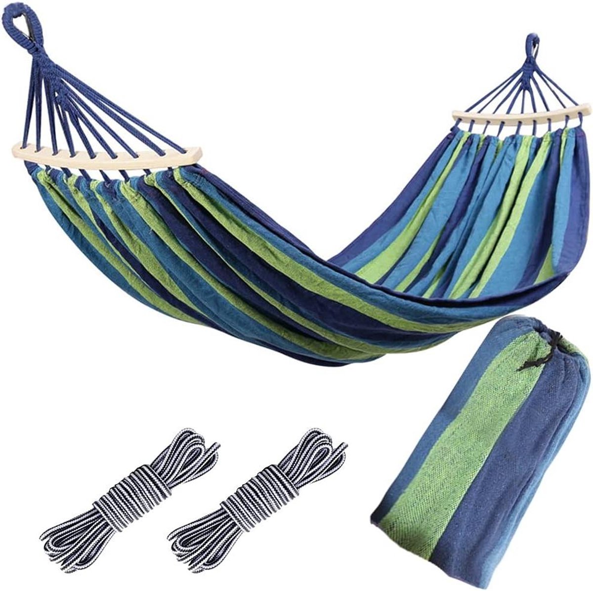 Outdoor Hangmat - Tuin Hangmat Kampeerhangmat - Ontspannen Buiten - Houten Spreidstokken - 190 x 100 cm - Blauwe Streep