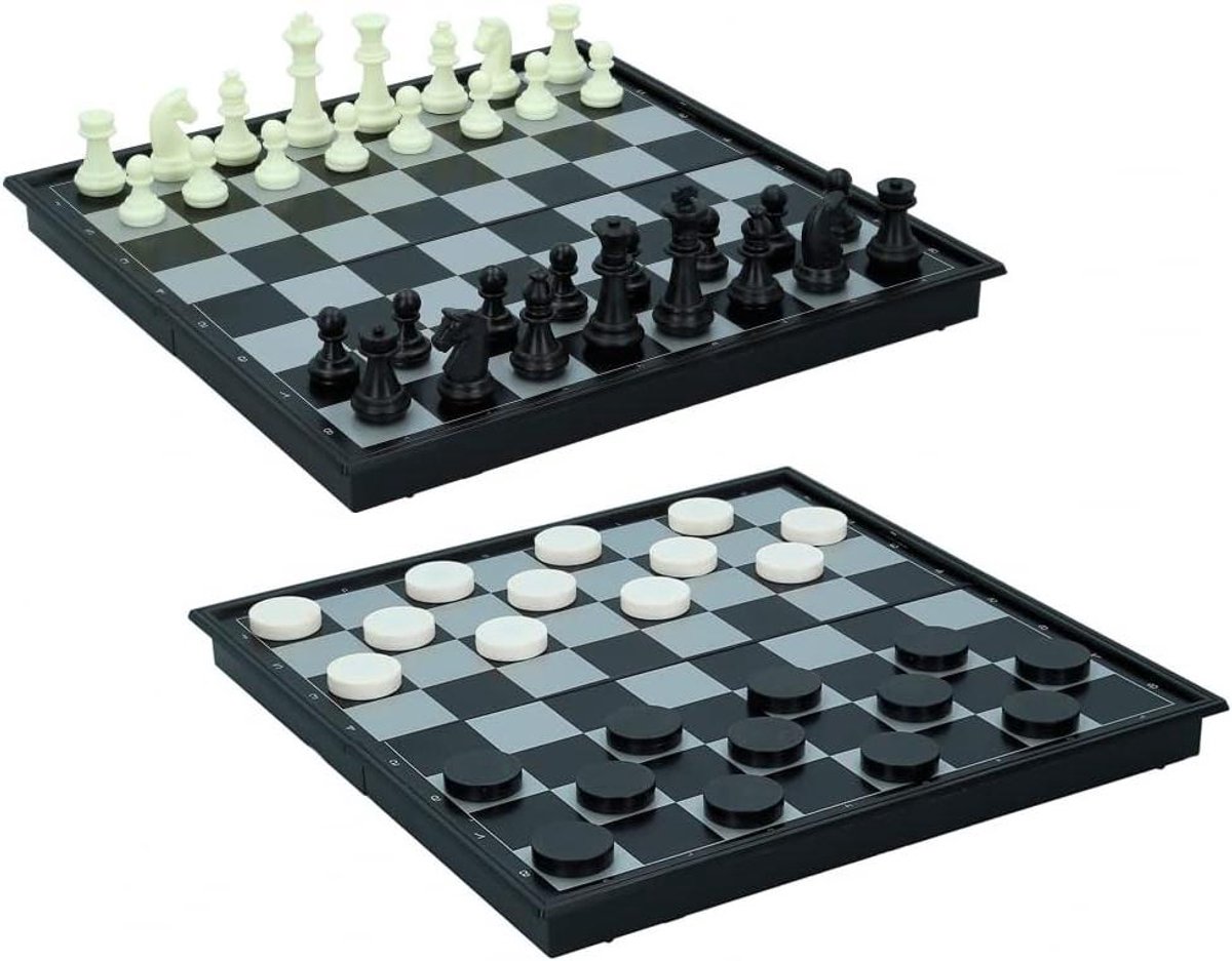 Magneetschaakspel - Schaakbord Dames - Reizen en Spelen - Inklapbaar Bord - 25 x 25 cm - Wit/Zwart