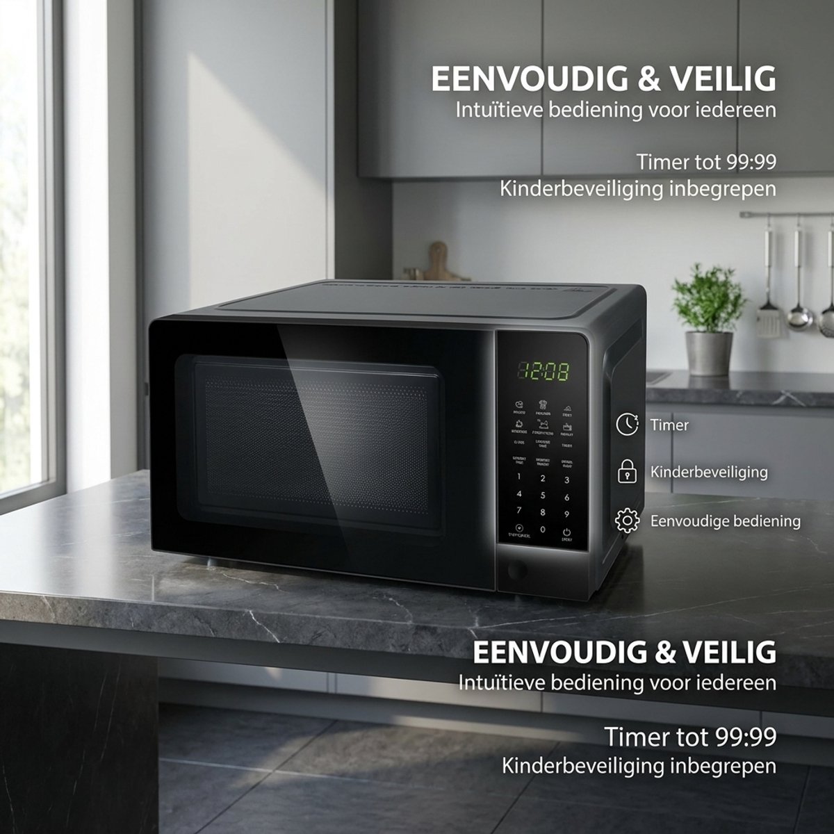 Magnetron 20L - Solo Magnetron 1100W Zwart - 6 Automatische Programma's - Ontdooifunctie - Kinderbeveiliging - LED Display - Draaiplateau — afbeelding 6