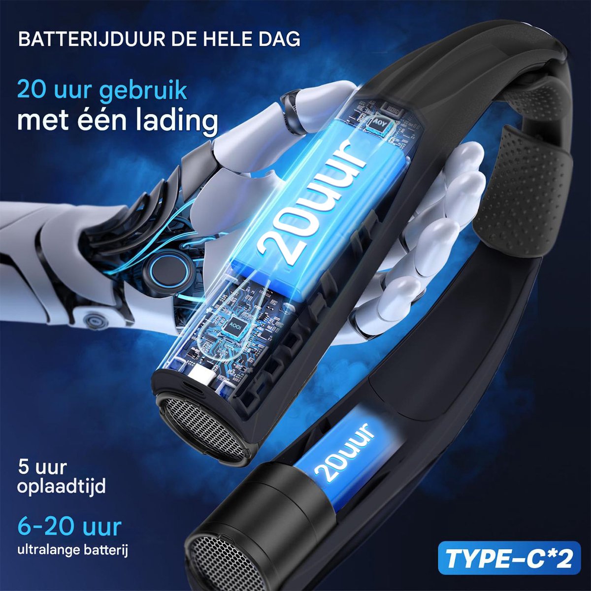 Svintora Draagbare NekVentilator - 6 standen met koeling- 6000 mAh Lange Batterijduur USB Oplaadbaar - Mini Ventilator ideaal Voor Buitensport woon-werkverkeer en Dagelijks Gebruik — afbeelding 7