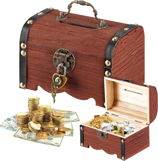 Coffre au trésor en bois avec cadenas en forme de cœur, avec à côté un coffre ouvert rempli de trésors et de piles de pièces et d'argent.
