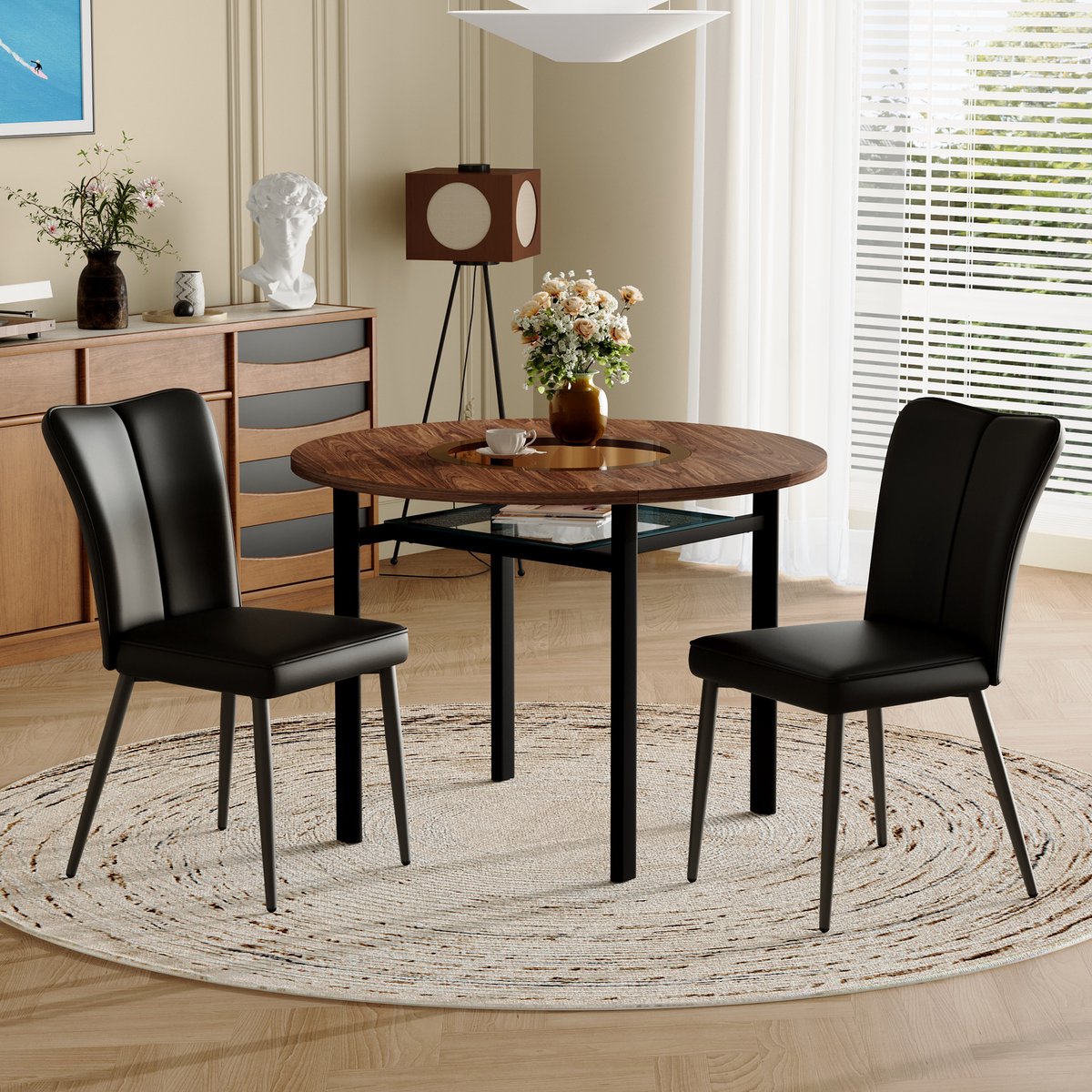 Moderne minimalistische ronde eettafelset (met 2 zwarte PU-stoelen), ronde tafel met een diameter van 100 cm in houtlook, geschikt voor eetkamer en keuken.