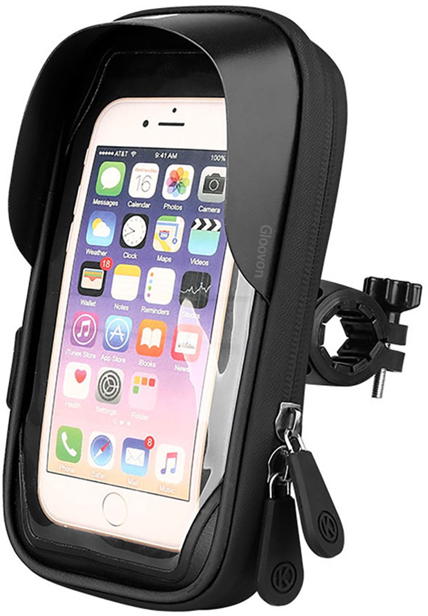 Gloovon® Telefoonhouder Fiets & Motor - Waterdicht - Met Zonneklep & Opbergruimte - 360° Draaibaar - Universeel