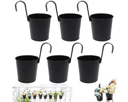 6 stuks - Kleine bloempotten - Miniatuur hangende bloempotten -Smeedijzeren hangende bloempotten - Zwart- Bloempotten voor buiten aan een hangpaal - Bloempotten voor aan de muur - Bloempotten van metaal in de vorm van emmers - Bloemenrekken met haken