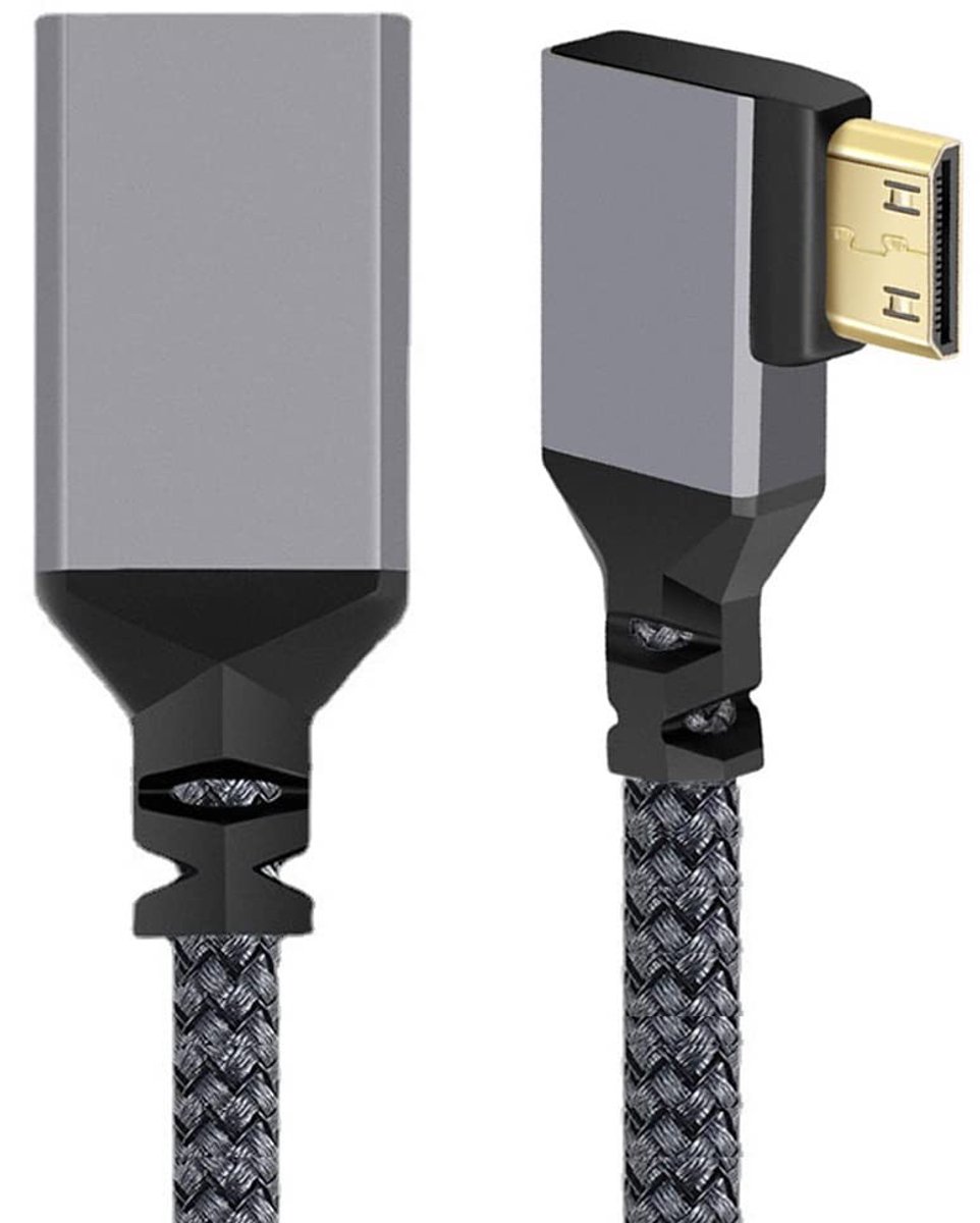 Mini HDMI Kabel - Verlengkabel Adapter - Beeldoverdracht - 90 Graden Hoek - 10cm Lengte - Zwart