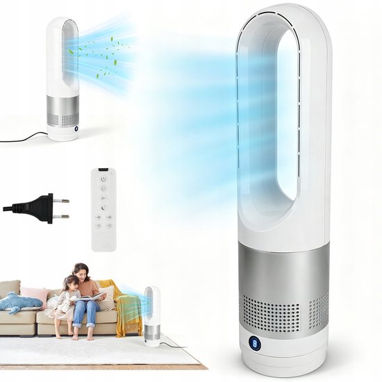 Bladloze vloerstaande ventilator zilver, 8 snelheden, afstandsbediening, 80° zwenk, 9 uur timer, stil 35dB