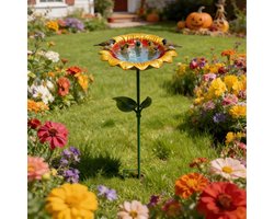 Vogelbad -Zonnebloem Vogelbadje - Metalen Bloem - Ondiepe Schaal Voor Water/Bad/Voer - Voor Tuin/Terras/Pot - Met Grondvork + Bladeren - Voor Vogelliefhebbers - Geel Met Rode Binnenrand - Hoogte 60cm (Schaal 20cm) - 1 Stuk