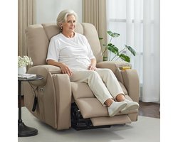 MCombo Elektrische Relaxfauteuil met Sta-op Hulp - Massage & Verwarming - 145° Ligfunctie - Verborgen Bekerhouders - Beigebruin Microvezel