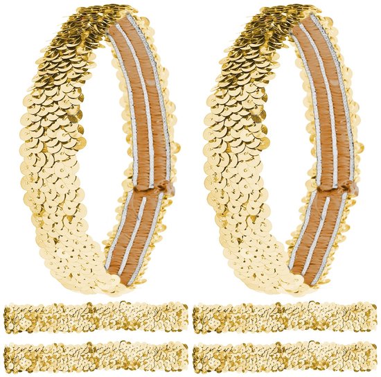 Allecto - Pailletten hoofdband - Glanzend en elastisch - Set van 12 stuks - Goud - Haarbandaccessoire voor dames en tieners - Feest en sport