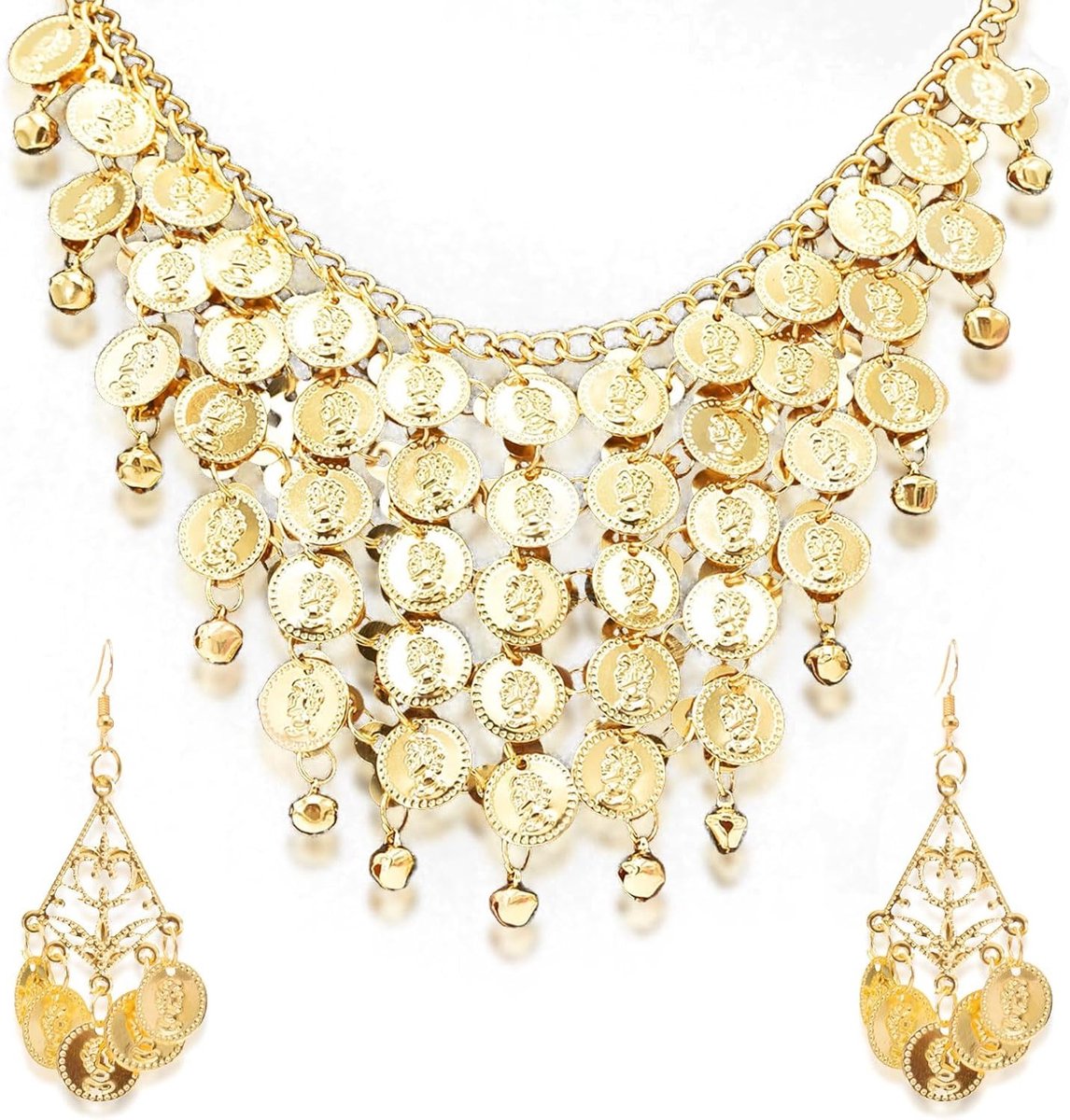 Elegante 3-delige Buikdans Sieraden Set, Gouden Ketting voor Cleopatra Kostuum, Piraten en Festivals, Geschikt voor Theater en Feestoutfits, 48x10.5cm, Roestvrijstaal
