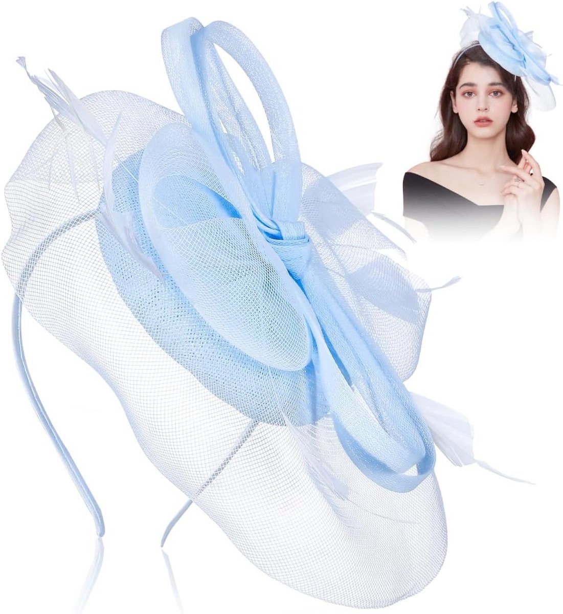 Elegante Sky Blue Fascinator Hoed voor Bruiloften, Theepartijen en Feestelijke Gelegenheden met Mesh Haarband