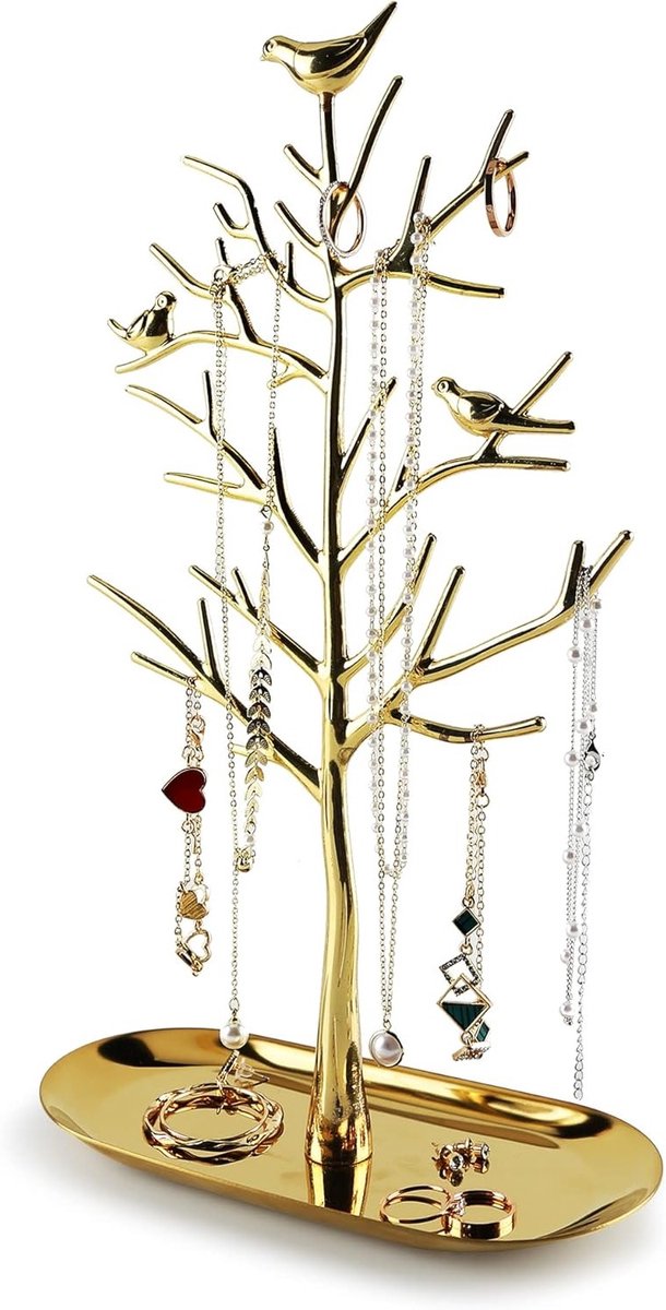 Sieradenhouder met metalen schaal, luxe kleur, boomvormige standaard, hang organizer voor ringen, oorbellen, kettingen en armbanden, ideaal voor woonkamers, badkamers en kantoren.