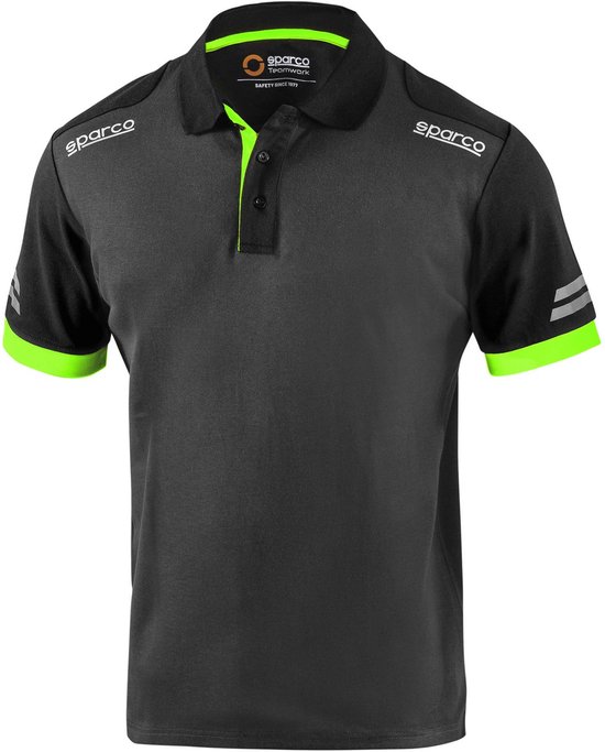Polo noir avec poignets vert fluo, logo Sparco sur la poitrine et rayures réfléchissantes sur les manches.