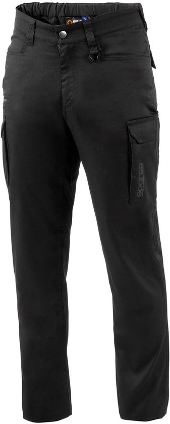 Pantalon de travail noir avec poches cargo sur les côtés et logo Sparco sur la poche gauche.