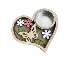 Beige hout waxinelichthouder hart vorm met bloemen en vlinder decoratie kaars houder decoratief voor tafel en interieur geschikt voor dames en heren