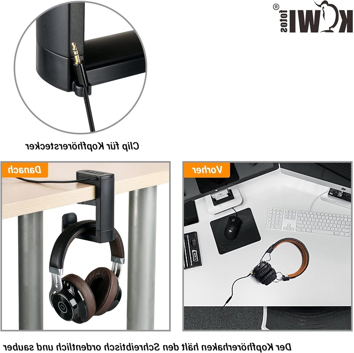Hoofdtelefoonstandaard met 4 USB-poorten, 360° draaibaar en verstelbare klem, ideaal voor gaming en kabelbeheer