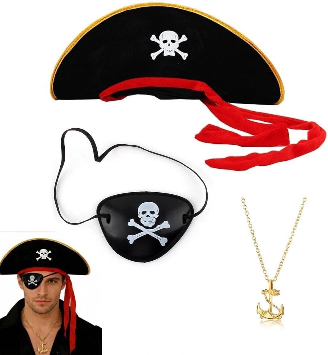 Piratenhoed, Ketting en Ooglap Set voor Halloween - Themafeest, Carnaval en Rollenspel Kostuum Accessoires, Vintage Piraten Props voor Feestjes