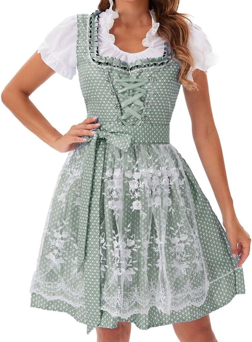Dirndl Jurk voor Dames - Oktoberfest Kostuum met Blouse, Kanten Midi Rok en Schort - Folk Party Outfit in Groen en Wit