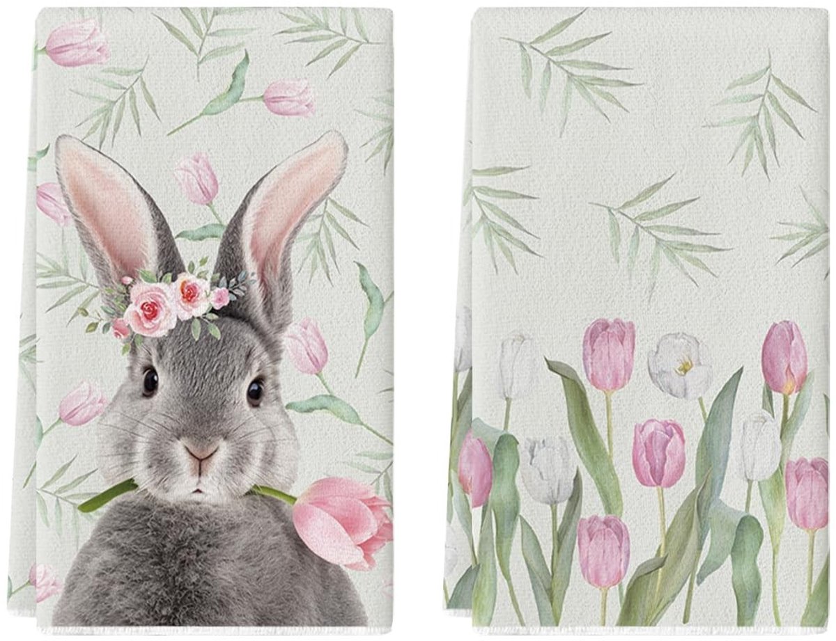 Dailygoody - Tulpen bladeren konijn theedoeken - Keukenaccessoires - 42 x 65 cm - Lente decoratie - Set van 2 - Machinewasbaar